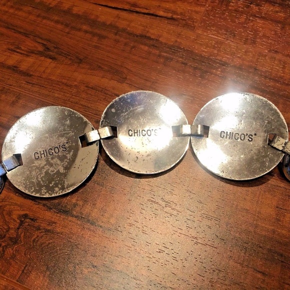 VINTAGE Stone Disc Filigree Black Leather Belt - Picture 10 of 11